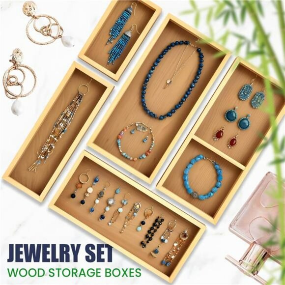 Bamboo drawer organizer set of 5 wooden storage trays kitchen desk vanity makeup - Picture 6 of 8